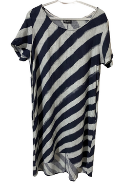 Le Nove Navy & Light Blue Striped Linen Midi Dress Size O/S